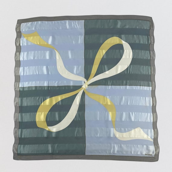 Vintage Jun Ashida Silk Scarf Japanese Designer Blue Grey Ribbon Print Neck Wrap Luxe Satin Bandana Headscarf Grandmacore Gift for Her