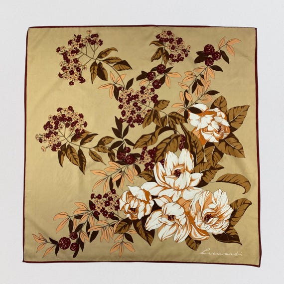 Vintage Leonardi Floral Silk Neck Scarf Large Square Beige Tan Brown Botanical Head Scarf Hand Rolled Edge Elegant Autumn Designer Wrap