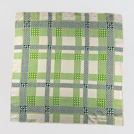 Vintage Dessins Medaille Silk Scarf Y. Masuda Green Geometric Abstract Plaid Square Neck Wrap 30x30 Mid Century Modern MCM Japanese Art