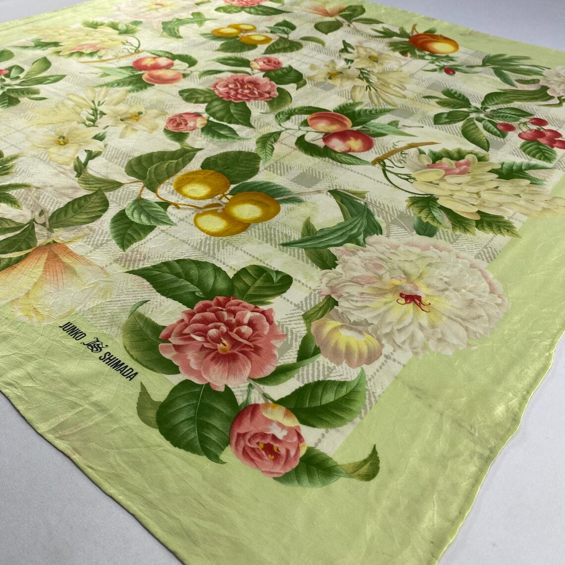 Vintage Junko Shimada Silk Scarf, Large Square Botanical Floral Fruit Print, Sage Green Japanese Designer Accessory, 33" x 32", photo 3 sur 5