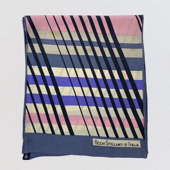 Vintage Occhi Stellanti D’Italia 100% Silk Scarf, Italian Designer Geometric Striped Long Wrap, Retro Pink Blue Purple Silk Accessory
