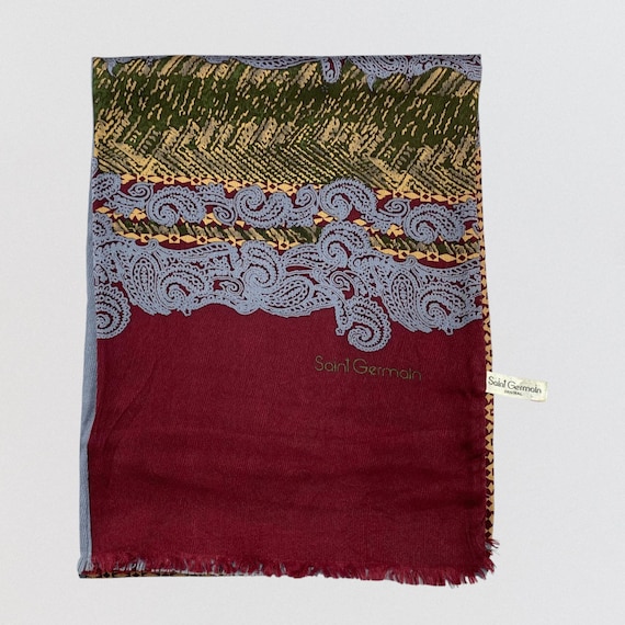 Vintage Saint Germain 100% Silk Scarf Paisley Burgundy & Green 10x54 Long Skinny Scarf 1990s Designer Neck Scarf Bohemian Accessory