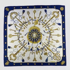 Vintage 90s Hermes Les Cless Caty Latham Silk Scarf ,Navy Silk Scarf, Vintage Silk Muffler, Vintage Neck Scarf, Vintage Neck Accessories