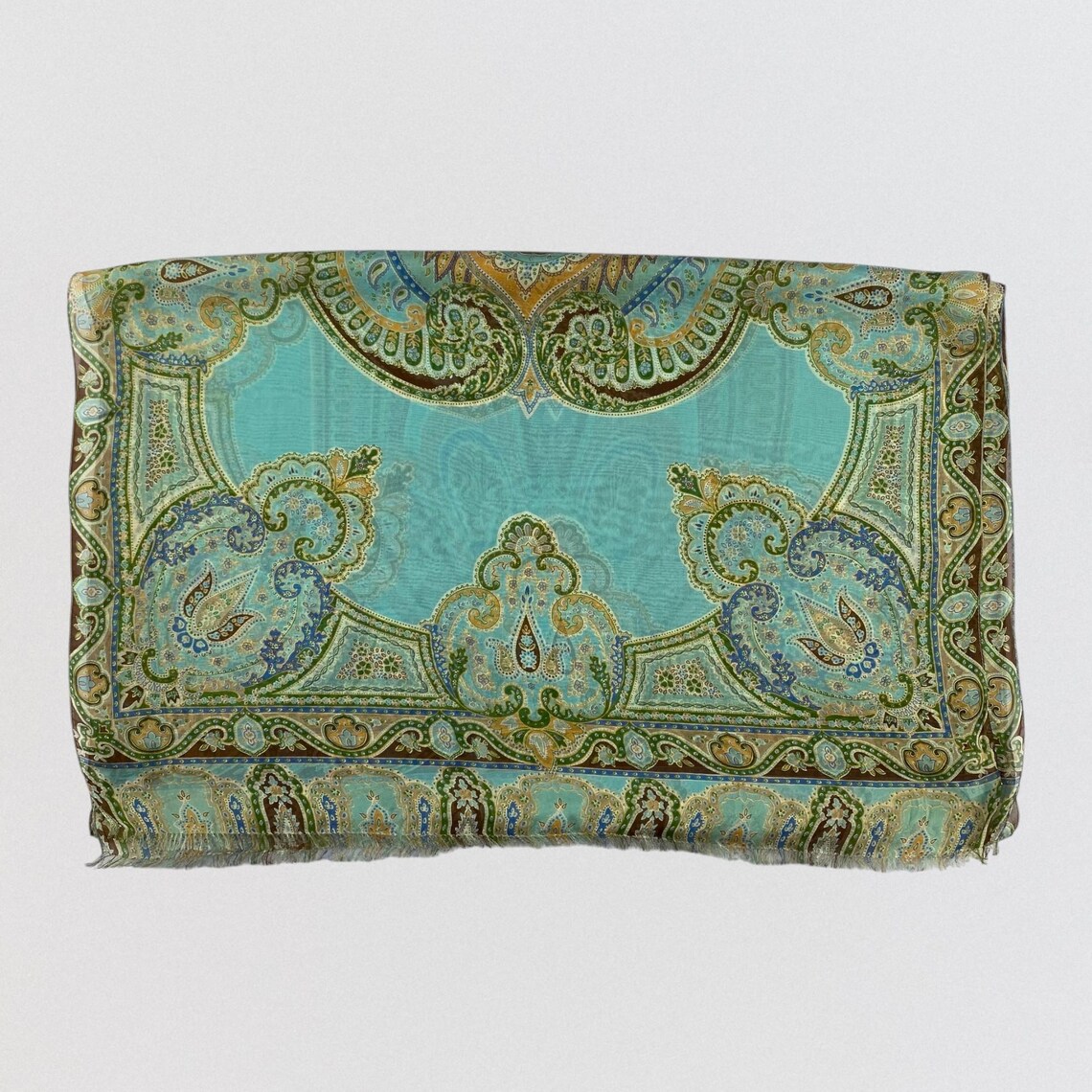 Vintage Italian Silk Paisley Scarf Turquoise Teal Green Blue Floral Oblong Wrap Stole Lightweight Fringe Shawl Luxe Designer Neck Headscarf, photo 1 sur 5