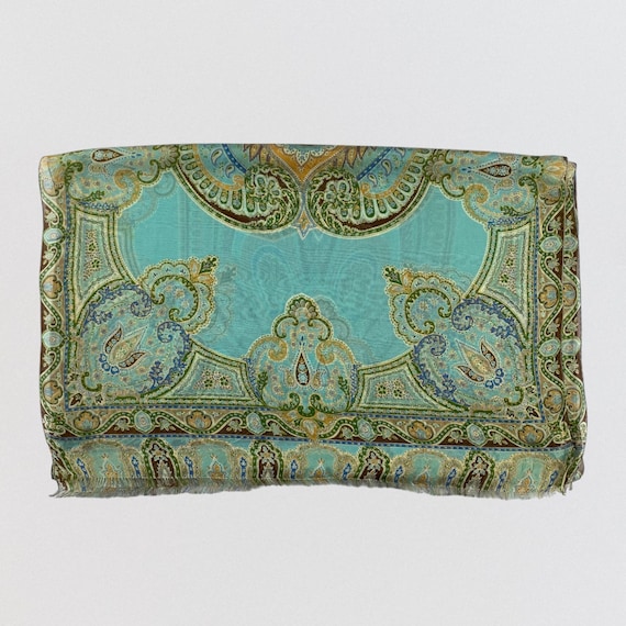 Vintage Italian Silk Paisley Scarf Turquoise Teal Green Blue Floral Oblong Wrap Stole Lightweight Fringe Shawl Luxe Designer Neck Headscarf
