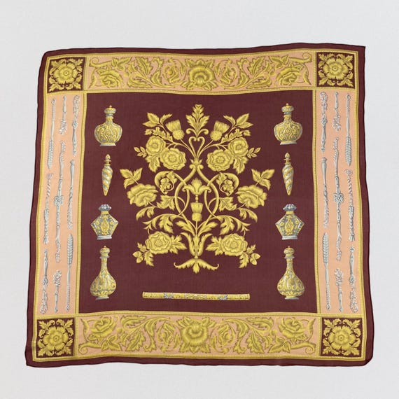 Vintage 100% Silk Scarf Burgundy Gold Baroque Perfume Bottle Print Large Square 32x31 Ornate Floral Yokohama Export Scarf Renaissance Style