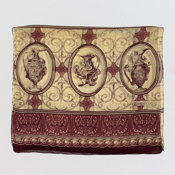 Vintage Paolo Gucci Silk Scarf Burgundy Gold Neoclassical Urn Print Large Square Sheer Silk Wrap Designer Italian Luxury Fashion Accessory
