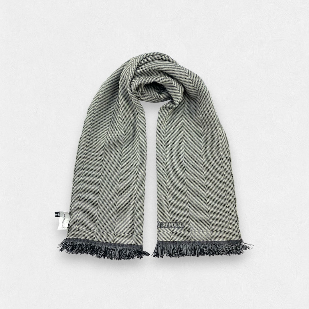 Vintage GIORGIO ARMANI Scarf | Herringbone Pattern | Black & Grey
