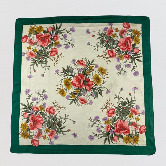Vintage 100% Silk Floral Scarf, Large 31" Square Head Wrap, Green Border Cream Scarf with Poppies and Daisies, Elegant Botanical Neck Scarf
