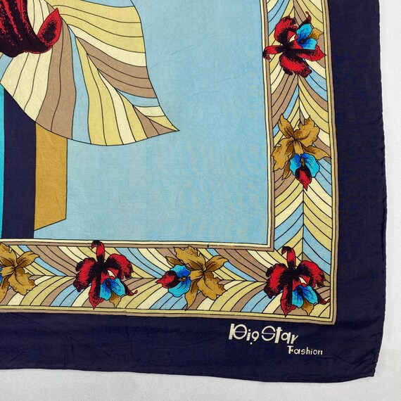 Vintage Big Star Fashion Silk Scarf Large Floral Orchid Art Deco 70s Mod Retro Hair Wrap Graphic Navy Blue Light Sky Square Neck Tie View 4