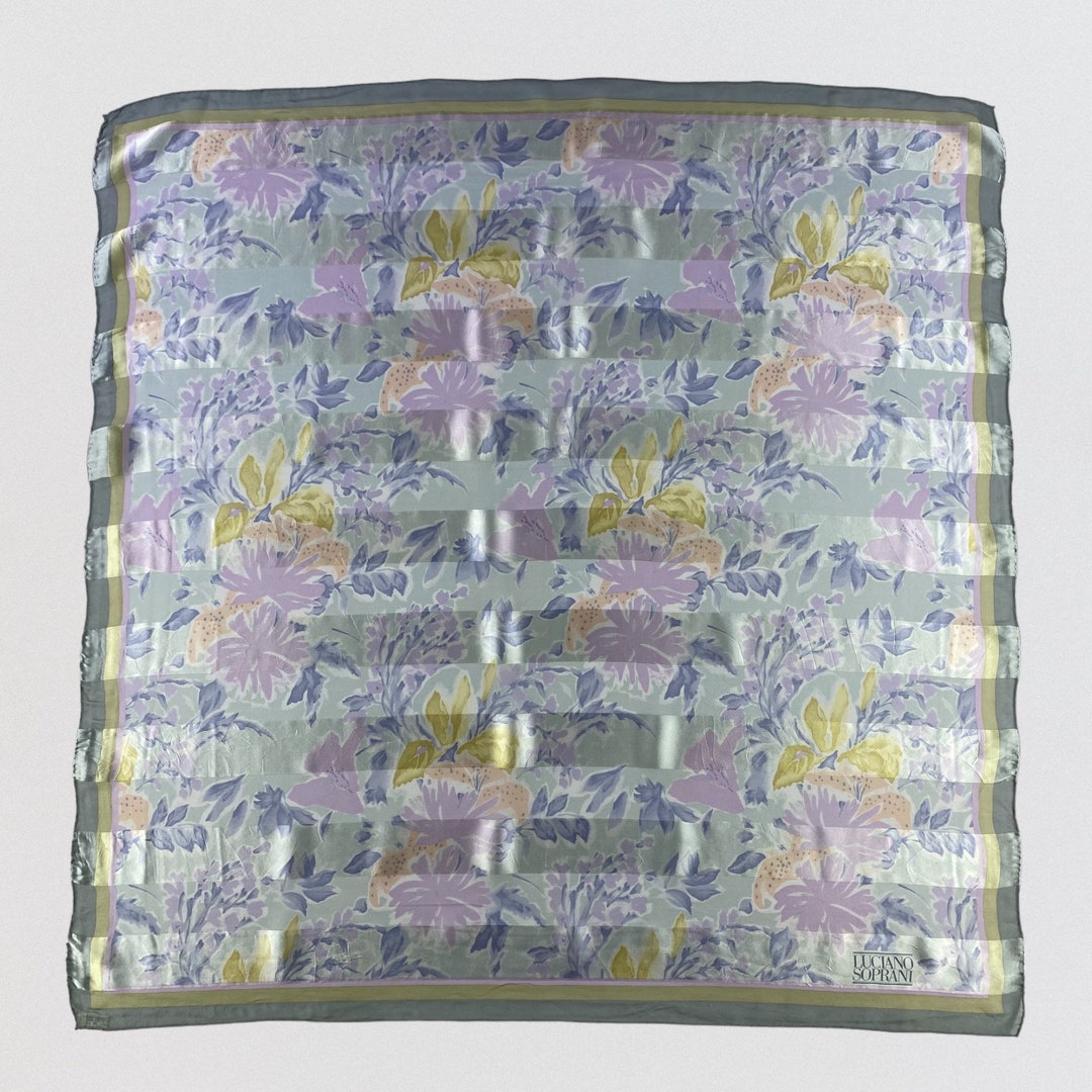 Foulard Carré En Soie Vintage Luciano Soprani - Bleu Marine Et Blanc - Très Bon État - Cadeau Femme