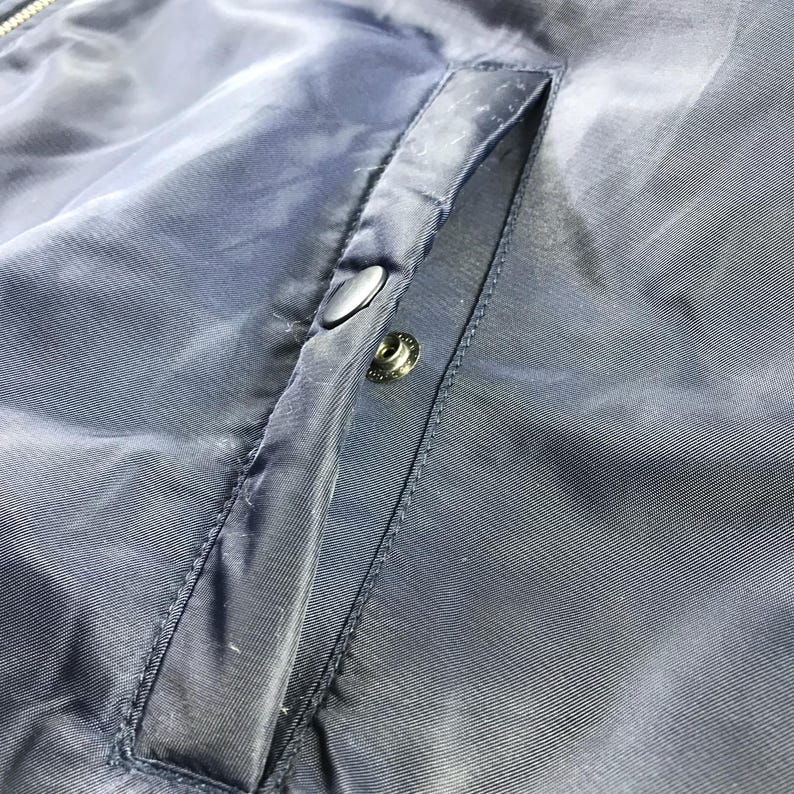 Puede incluir: Primer plano de una chaqueta azul oscuro con cremallera y un bolsillo en el lado izquierdo. El bolsillo tiene un cierre de bot&oacute;n.