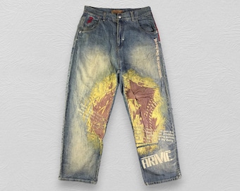 Vintage Welcome To The Hood Baggy Jeans Printed Denim Streetwear Jeans Wide Leg Jeans Baggy Pants Vintage Japanese Brand Denim Hip Hop Jeans