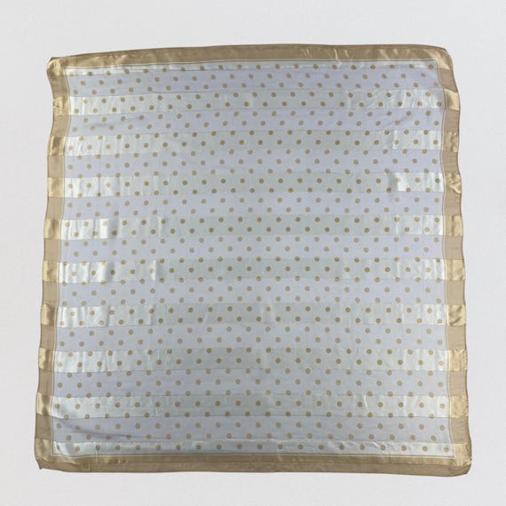 Vintage 100% Silk Scarf - Gold Metallic Striped & Beige Polka Dot - Large 34x34 Square Wrap - Made in Japan - White Cream Sheer Luxury Shawl