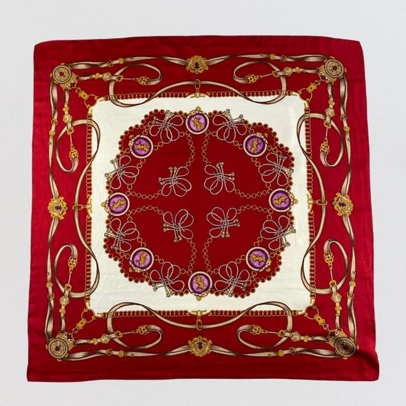 Vintage Equestrian Silk Scarf Red White Gold Lion Crest Heraldry Belt Chain Print 100% Silk Square Scarf Luxury Head Wrap Gift for Her 30x30