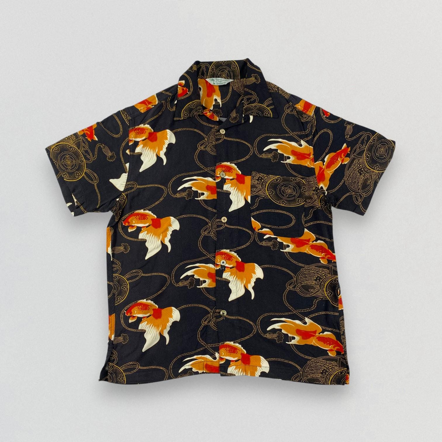 Vintage Japanese Goldfish Hawaiian Shirt Black Rayon Aloha Shirt 