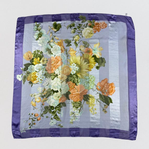 Vintage Valentino Silk Scarf Made in Italy, Large 33 Square Floral Sunflower Rose Print, Purple Lavender Luxury Designer Scarf, Gift for Her