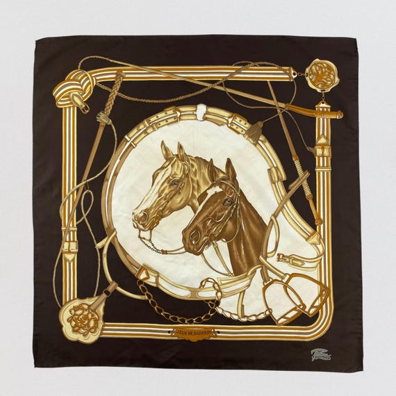 Vintage Equestrian Silk Scarf Brown Gold Horse Bridle Headscarf Jean De Bahrein G.P. Klemann Large Square Neck Kerchief Gift for Her