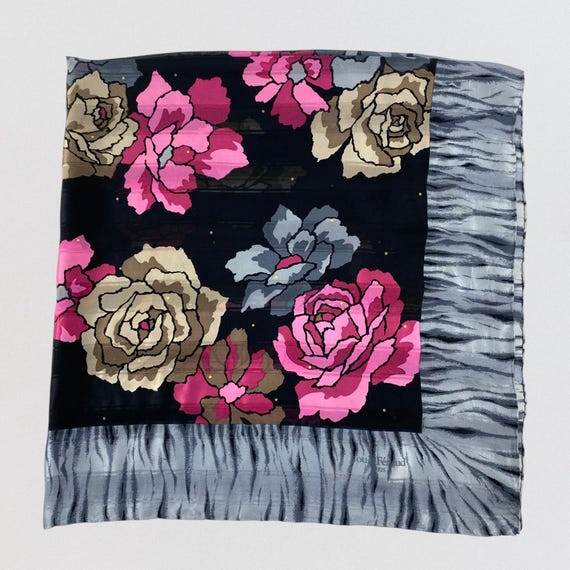 Vintage Louis Feraud Paris Silk Scarf Large 42x42 Square Pink Rose Floral Zebra Animal Print Border Black Grey Designer Wrap Luxury Gift