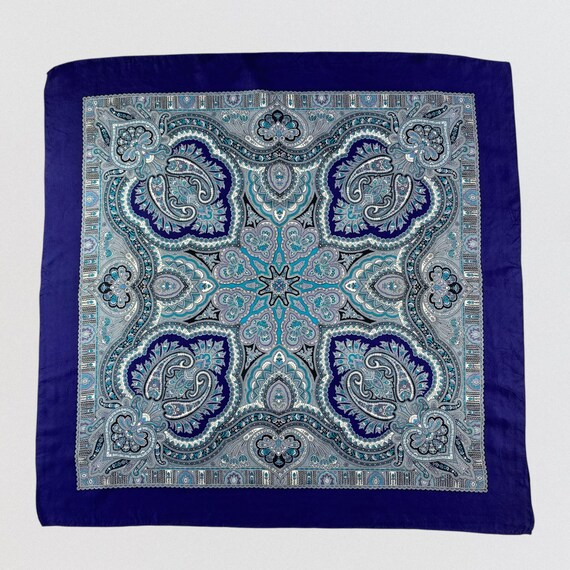 Vintage 100% Silk Paisley Scarf - Blue & Purple Geometric Square Wrap - 31x30.5 Inch - Made in Japan Luxury Designer Silk Neck Scarf
