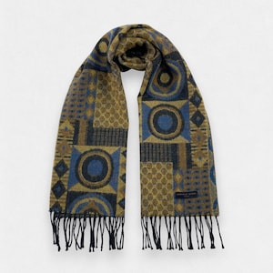 Vintage Christian Aujard Scarf, Geometric Muffler, Abstract Patchwork Pattern in Gold Blue Black, Designer Winter Muffler for Men, 53" x 11"