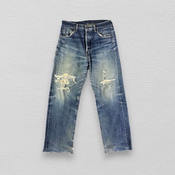 Vintage des années 90 Levis 702 Redline Jeans Lavage moyen Levi's selvedge bleu délavé denim en détresse taille 33 x 30