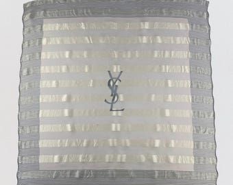 Vintage Yves Saint Laurent YSL Scarf - Grey Cream Striped Large Square Designer Scarf - Authentic French Luxury Logo Accessory Gift for Her
