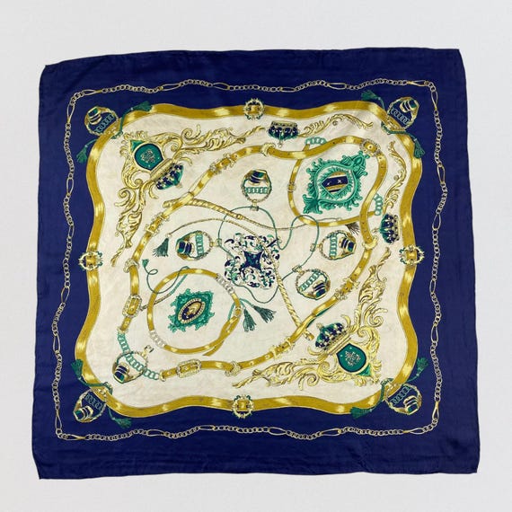 Vintage Equestrian Silk Scarf Navy Blue & Gold Emerald Green Chain Belt Buckle Pattern Large Square 33x32 Luxury Heritage Style Head Wrap