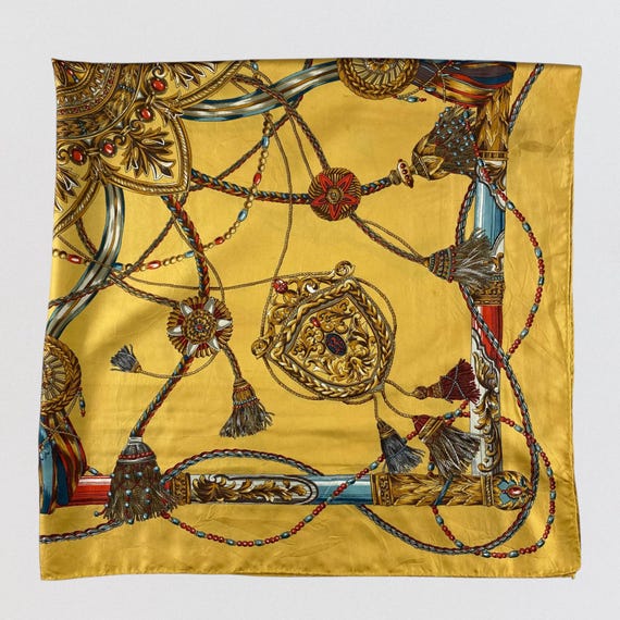 Vintage POLA Japan Silk Scarf Yellow Gold Baroque Ornate Tassel Chain Print Large Square Silk Scarf 100% Silk Neck Wrap Gift for Her