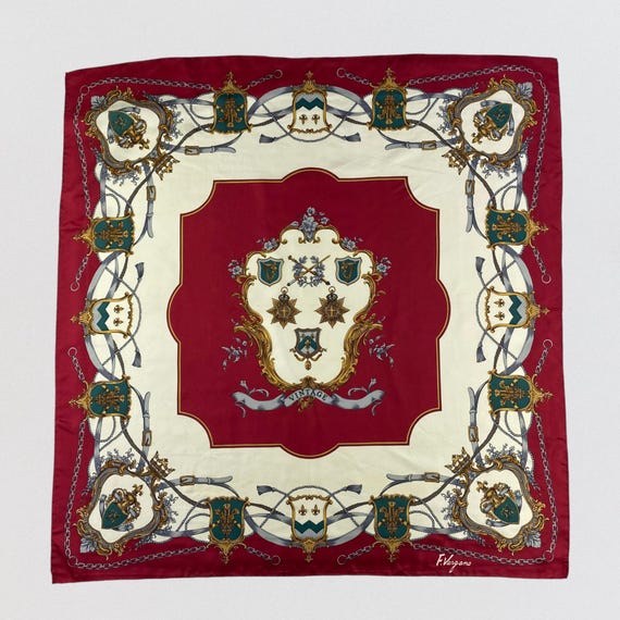 Vintage F. Vergano Silk Scarf Heraldic Crest Belt Print Burgundy Red Off-White Square Neck Scarf Baroque Equestrian Old Money Luxe Wrap