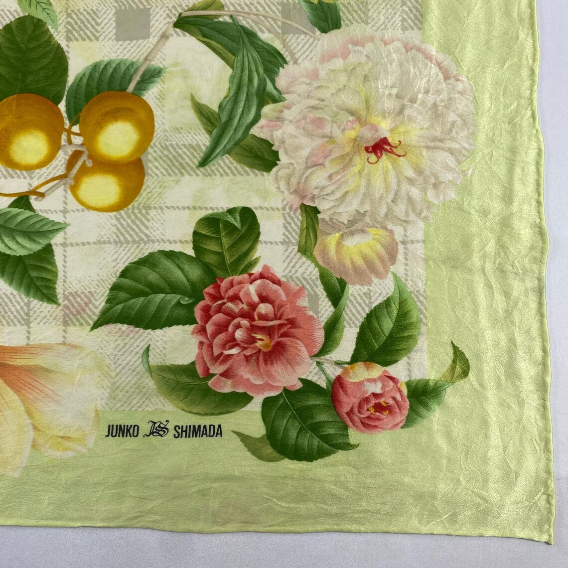 Vintage Junko Shimada Silk Scarf, Large Square Botanical Floral Fruit Print, Sage Green Japanese Designer Accessory, 33" x 32", photo 2 sur 5