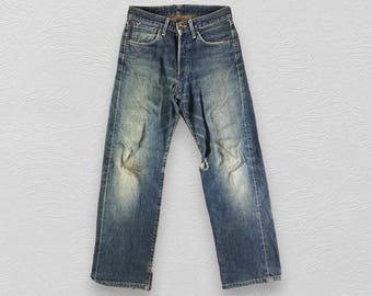 Vaqueros vintage Edwin 505x Selvedge, vaqueros azules desteñidos, vaqueros de cintura alta, denim desgastado.