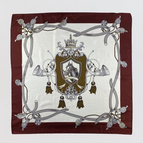 Vintage Equestrian Silk Scarf Burgundy Horse Crest & Stirrups Motif Japan Made Square Neck Wrap Classic Old Money Style Accessories