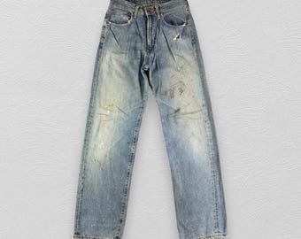 Jeans vintage Edwin 505, mezclilla selvedge, lavado claro, cintura alta, mezclilla desgastada, talla 29x33