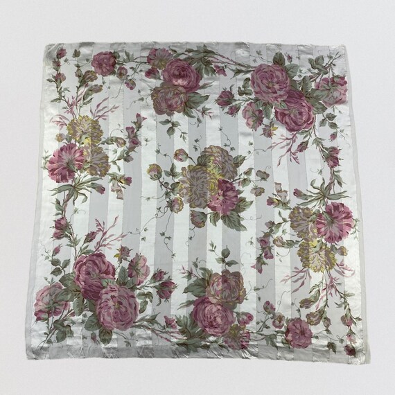 Vintage 100% Silk Floral Scarf, Large Square Pink Rose Wrap with Gold Lurex Stripes, 35x34.5 Made in Japan Designer Style Neck Head Wrap