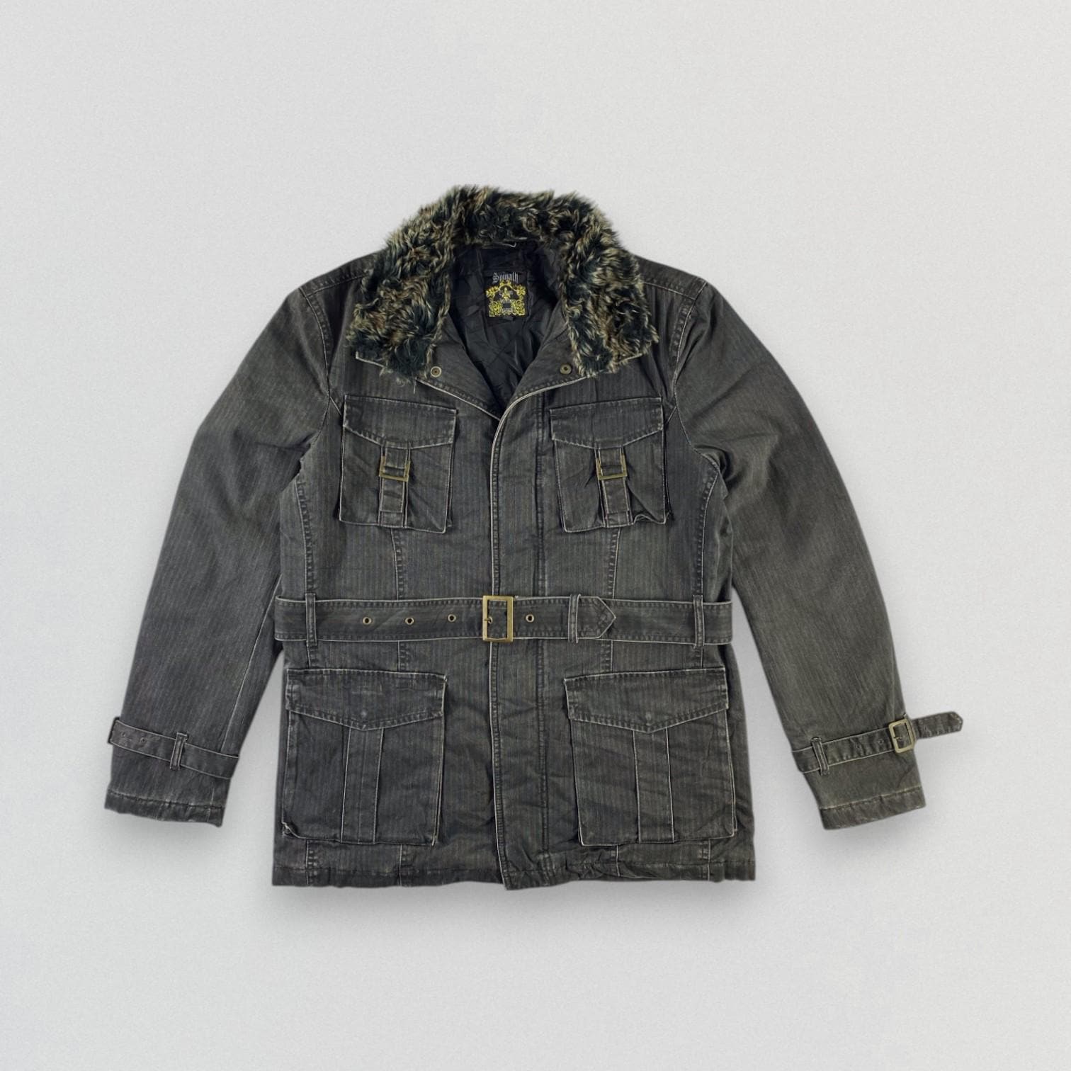 Vintage Spinath Herringbone Jacket Black Belted Military Style