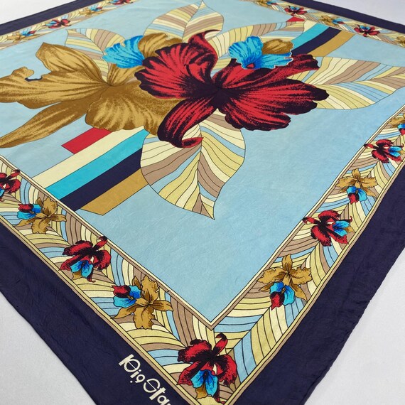 Vintage Big Star Fashion Silk Scarf Large Floral Orchid Art Deco 70s Mod Retro Hair Wrap Graphic Navy Blue Light Sky Square Neck Tie View 2