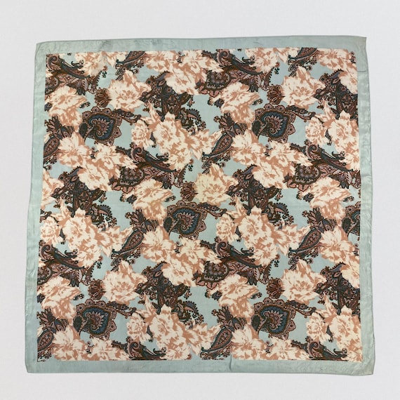 Vintage 100% Silk Scarf Sage Green Floral Paisley Pattern Large Square Neck Scarf Made in Japan Bohemian Aesthetic Designer Head Wrap