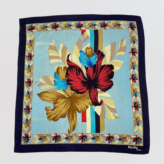 Vintage Big Star Fashion Silk Scarf Large Floral Orchid Art Deco 70s Mod Retro Hair Wrap Graphic Navy Blue Light Sky Square Neck Tie