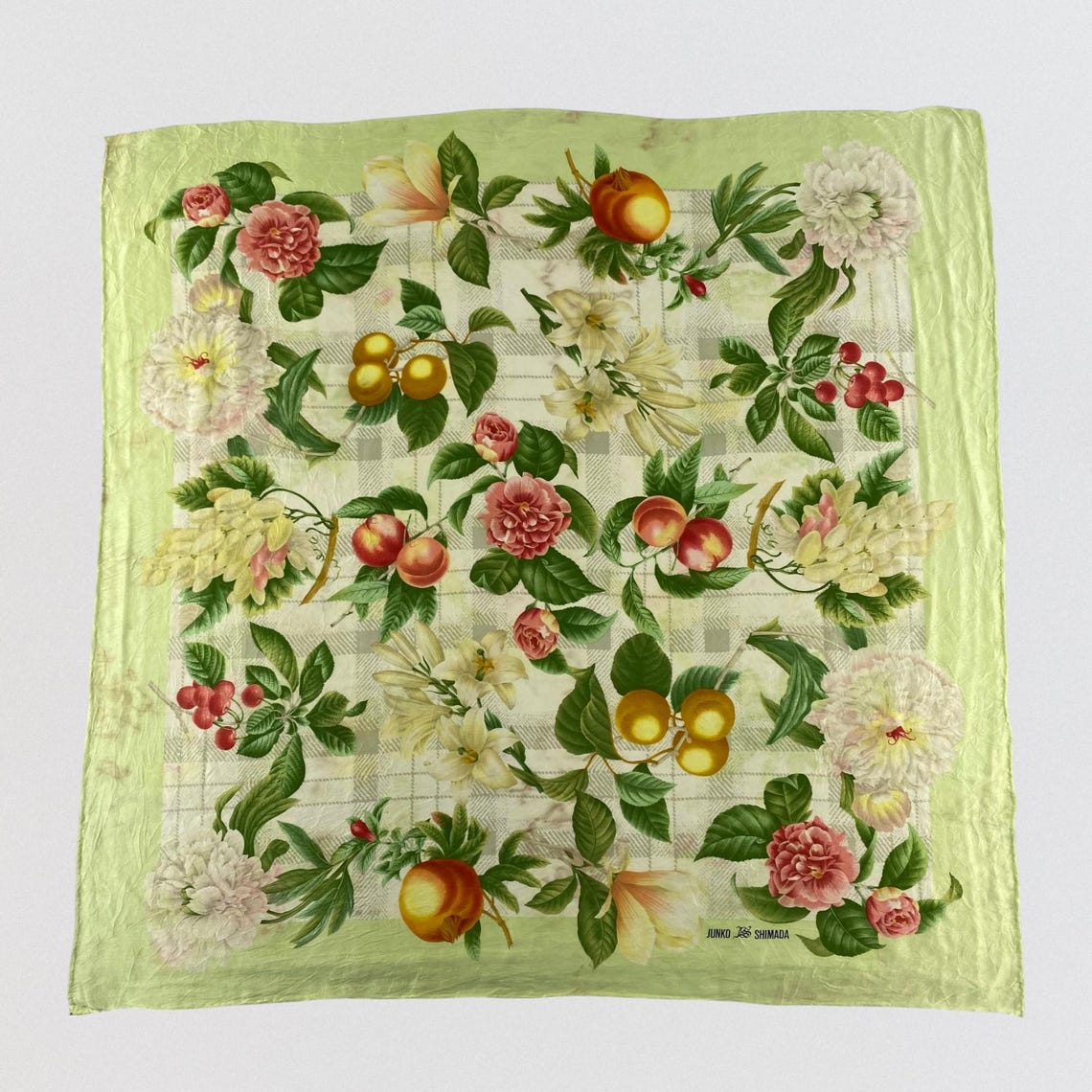Vintage Junko Shimada Silk Scarf, Large Square Botanical Floral Fruit Print, Sage Green Japanese Designer Accessory, 33" x 32", photo 1 sur 5