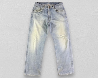 Jeans vintage Edwin 505, mezclilla selvedge, lavado claro, cintura alta, mezclilla desgastada, talla 32x30.