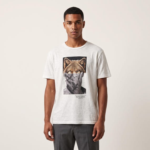Neil Barrett, Neil Barrett Wolf-Man Graphic T-Shirt White Italian Cotton Designer Hybrid Print Tee Italian Modern Luxury Streetwear Menswear Top