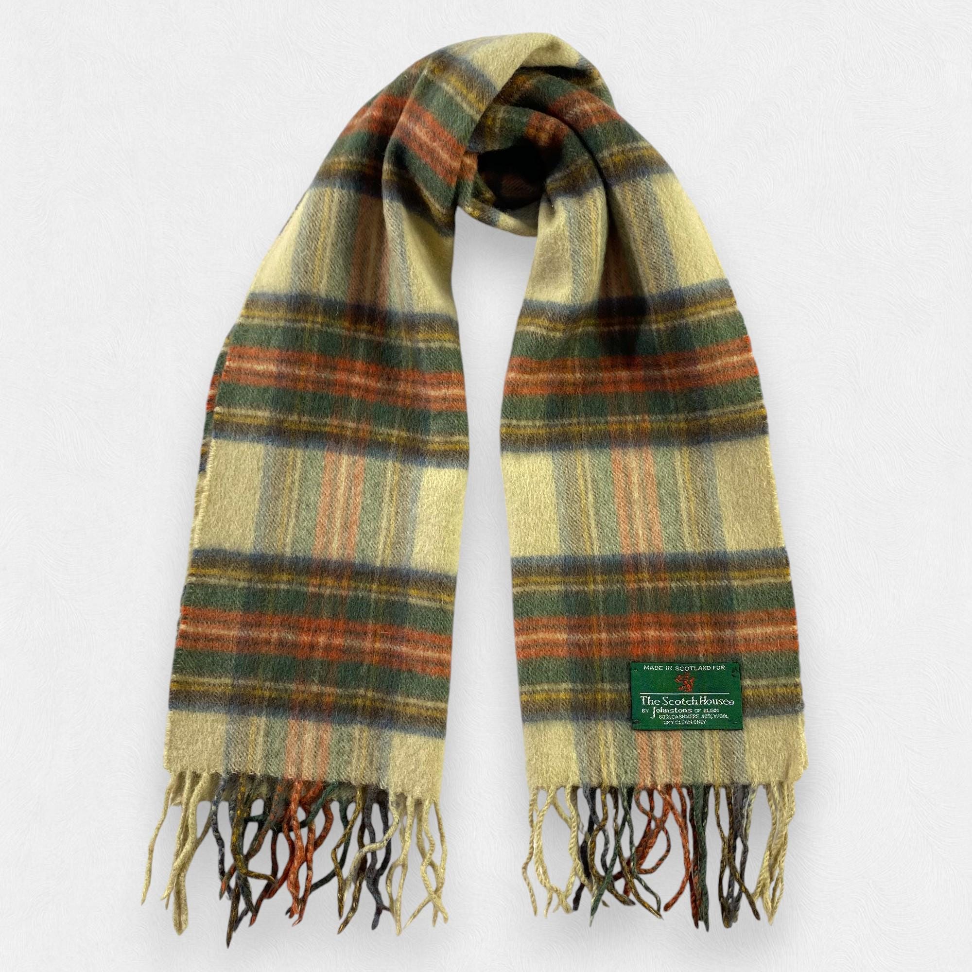 小物 70s JOHNSTONS OF ELGIN PLAID MUFFLER NWT Johnstons of Elgin 100% Cashmere Silver Bannockbane Made