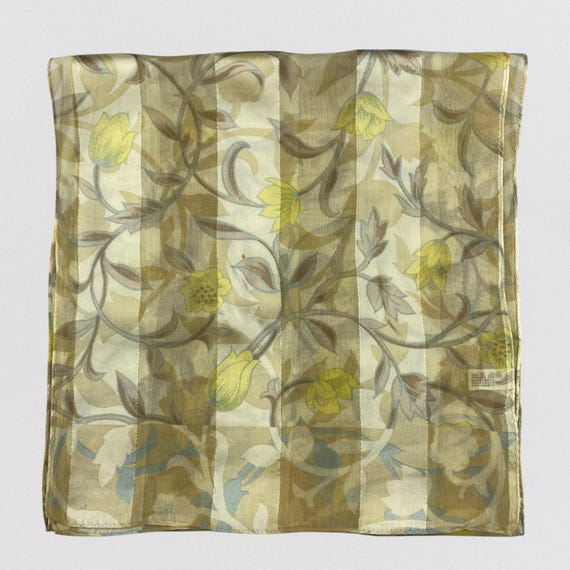 Vintage Japanese 100% Silk Scarf Floral Print Yellow Tan Long Oblong Sheer Satin Wrap, Made in Japan, Elegant Cottagecore Gift for Her