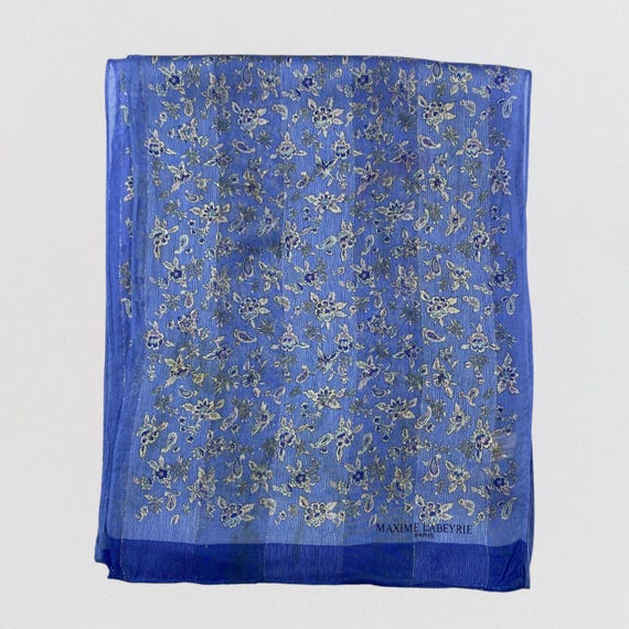 Vintage Maxime Labeyrie Paris Blue Silk Scarf Floral Paisley Metallic Gold Stripe Sheer Chiffon Neck Accessory French Designer Scarf