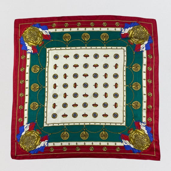 Vintage French Heraldic Silk Scarf Moonbat Japan Red Green White Crown Fleur-de-lis Crest Print Square Neck Scarf Gift for Her 30"