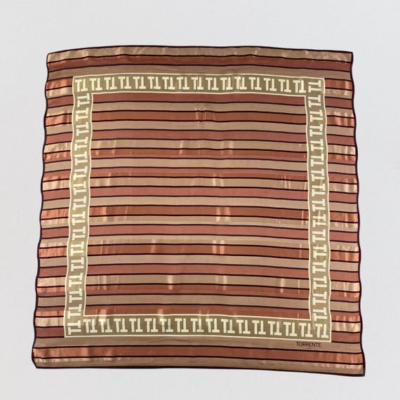 Vintage TORRENTE PARIS 100% Silk Scarf, Designer Striped Square Wrap, Copper Mauve Burgundy, Large 34"x34" Neck Head Scarf Accessory