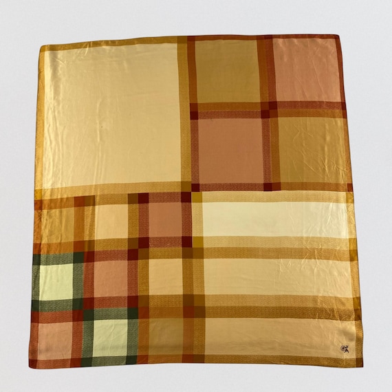 Vintage Korea House 100% Silk Scarf Large Square Geometric Color Block Mustard Yellow Pink Burgundy Retro Neck Hair Scarf 35" Designer Gift