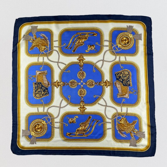 Vintage OMU Silk Scarf Equestrian Crest Royal Blue Gold Tassel Square Neckwrap Royal Core Luxe Old Money Aesthetic Head Scarf Grandmacore