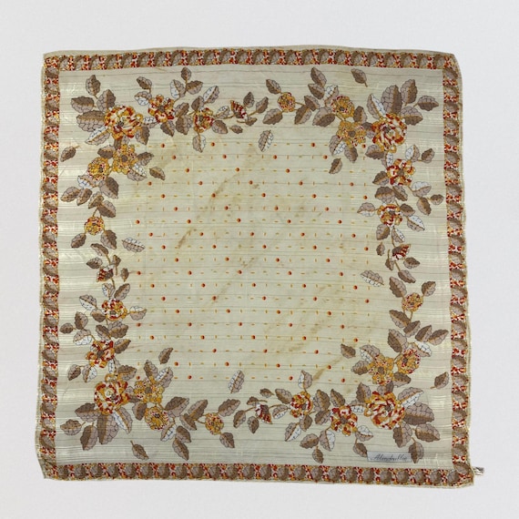 Vintage Mindullae 100% Silk Scarf, Floral Gold Lurex Stripe Square Wrap, Autumn Orange Yellow Tan 30x29, Designer Silk Neck Head Scarf